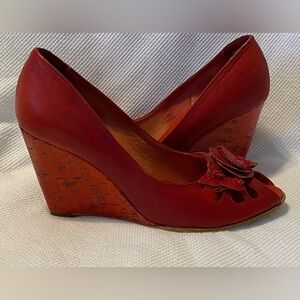 Paola Ferri Red Wedge Peep-Toe Pumps with Floral Accent